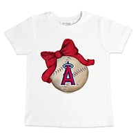 Youth Tiny Turnip White Los Angeles Angels Baseball Bow T-Shirt