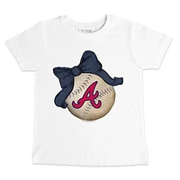 Youth Tiny Turnip White Atlanta Braves Baseball Bow T-Shirt