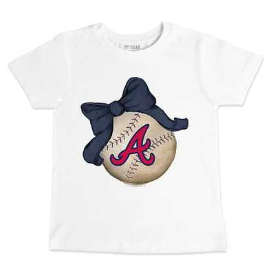 Youth Tiny Turnip White Atlanta Braves Baseball Bow T-Shirt