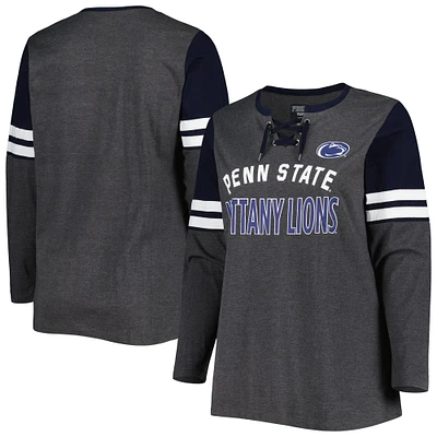 Women's Heather Charcoal/Navy Penn State Nittany Lions Plus Size Stripe Lace-Up V-Neck Long Sleeve T-Shirt