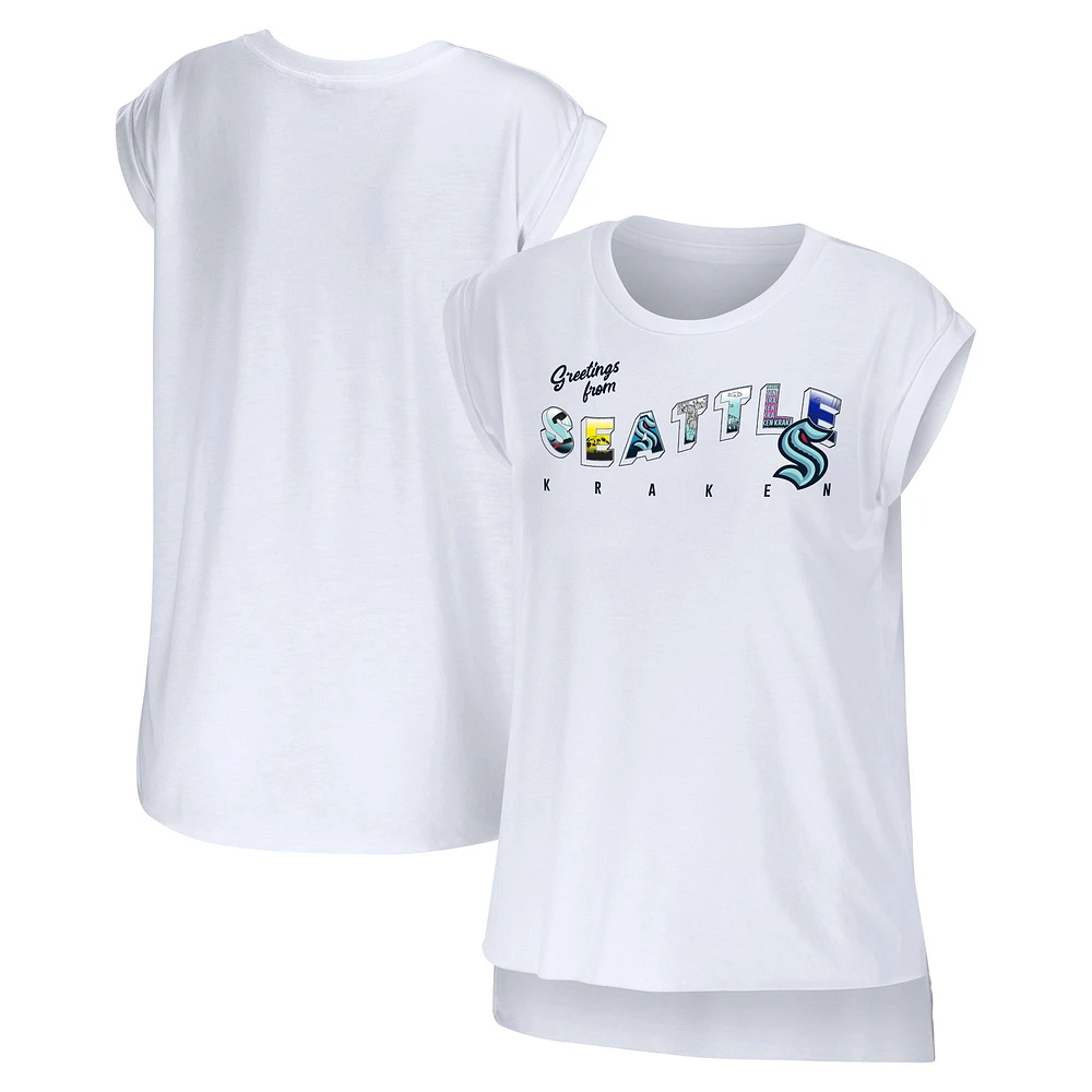 Women's WEAR by Erin Andrews White Seattle Kraken Greetings From Muscle T-Shirt