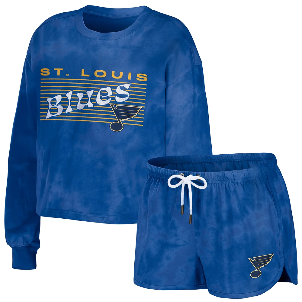 Women's WEAR by Erin Andrews Blue St. Louis Blues Tie-Dye Cropped Pullover Sweatshirt & Shorts Lounge Set