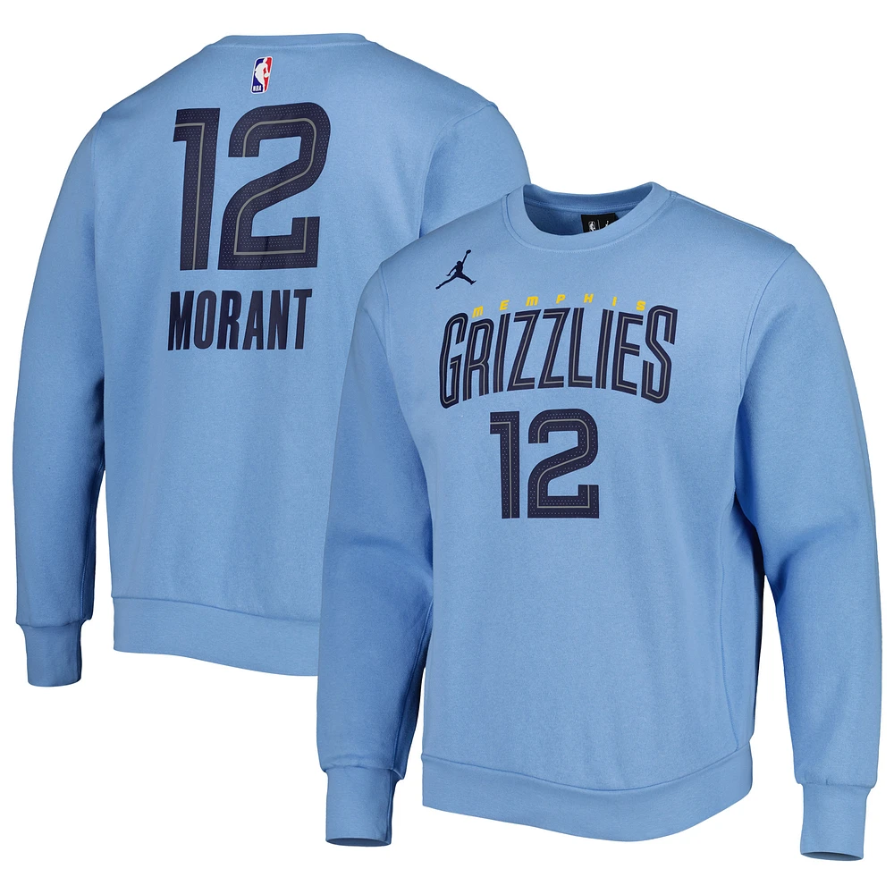 Men's Jordan Brand Ja Morant Light Blue Memphis Grizzlies Statement Name & Number Pullover Sweatshirt