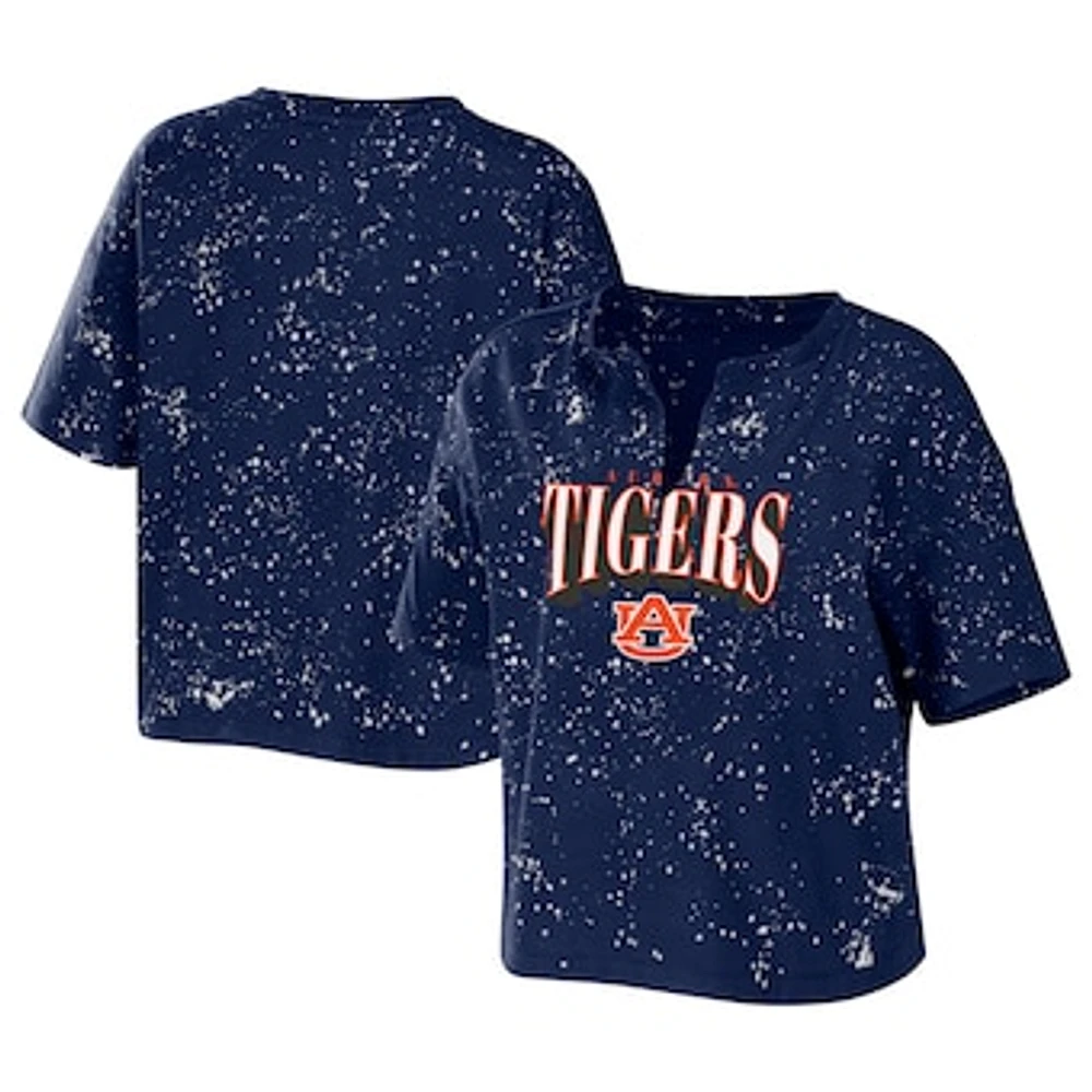 Women's WEAR by Erin Andrews Navy Auburn Tigers Bleach Wash Splatter Cropped Notch Neck T-Shirt