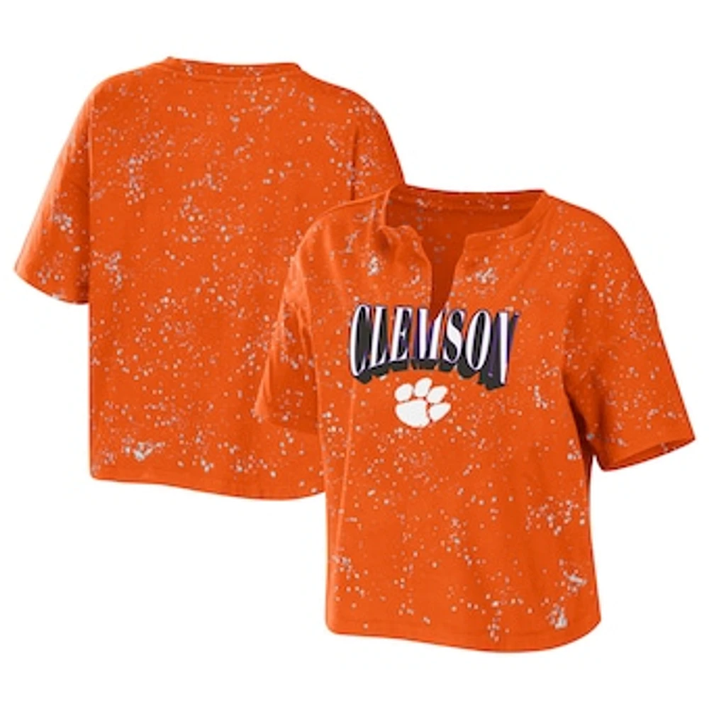 Women's WEAR by Erin Andrews Orange Clemson Tigers Bleach Wash Splatter Cropped Notch Neck T-Shirt