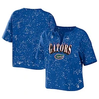 Women's WEAR by Erin Andrews Royal Florida Gators Bleach Wash Splatter Cropped Notch Neck T-Shirt