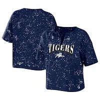 Women's WEAR by Erin Andrews Navy Jackson State Tigers Bleach Wash Splatter Cropped Notch Neck T-Shirt