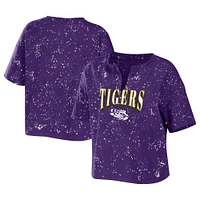 Women's WEAR by Erin Andrews Purple LSU Tigers Bleach Wash Splatter Cropped Notch Neck T-Shirt