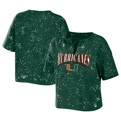 Women's WEAR by Erin Andrews Green Miami Hurricanes Bleach Wash Splatter Cropped Notch Neck T-Shirt