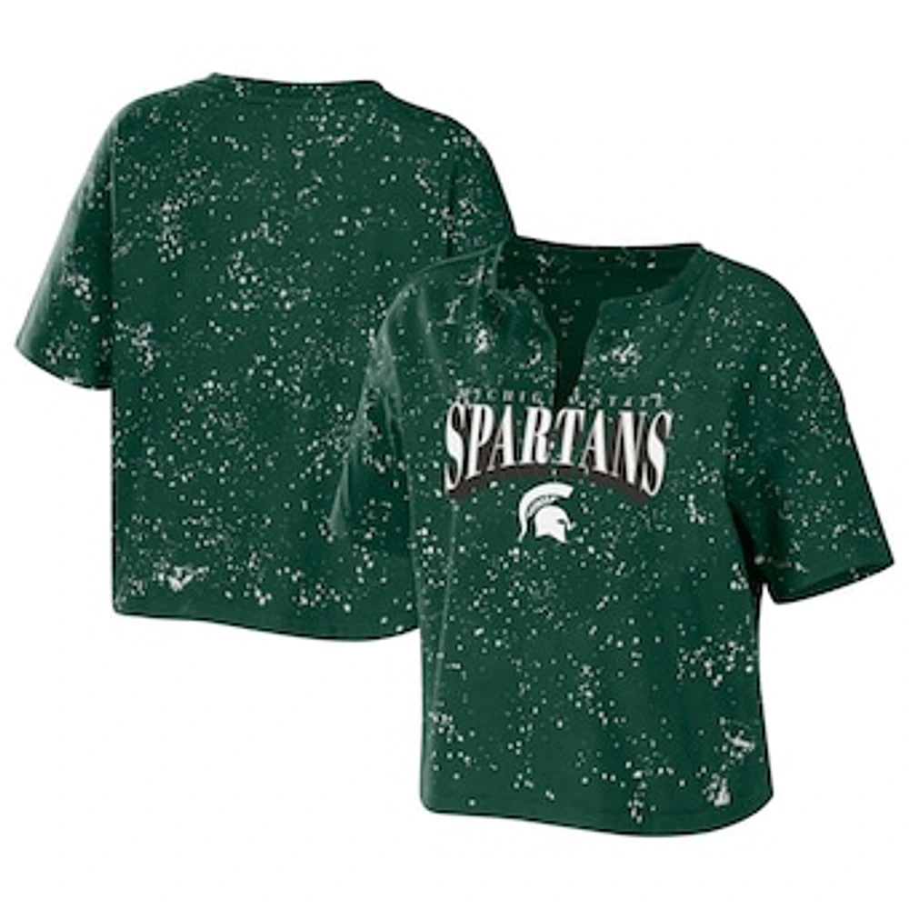 Women's WEAR by Erin Andrews Green Michigan State Spartans Bleach Wash Splatter Cropped Notch Neck T-Shirt