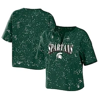 Women's WEAR by Erin Andrews Green Michigan State Spartans Bleach Wash Splatter Cropped Notch Neck T-Shirt