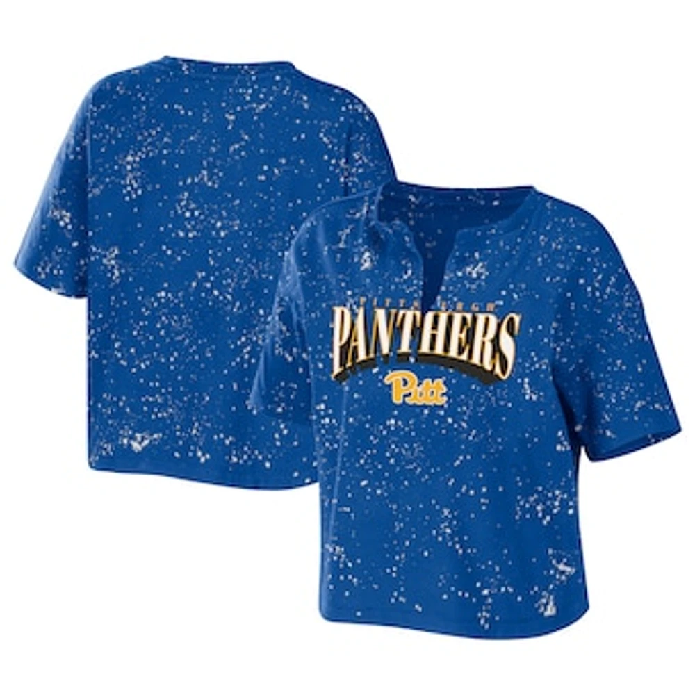 Women's WEAR by Erin Andrews Royal Pitt Panthers Bleach Wash Splatter Cropped Notch Neck T-Shirt