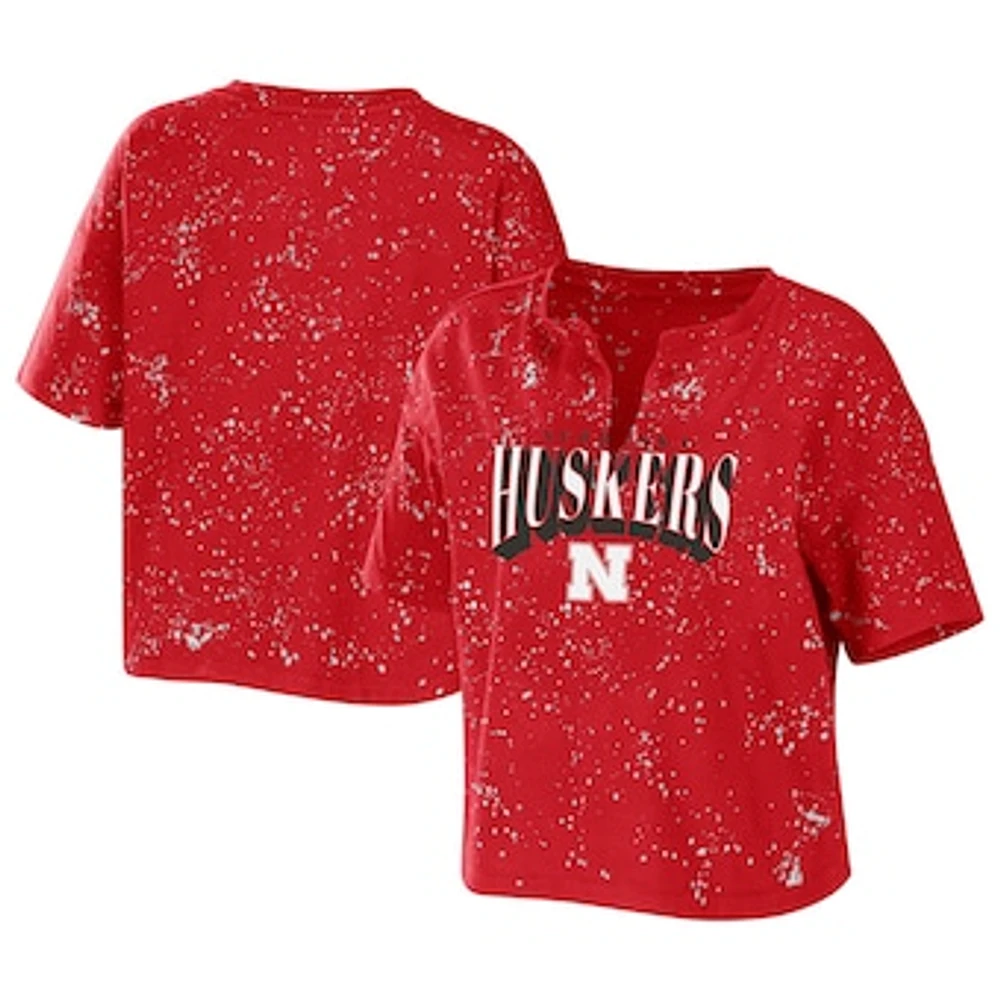 Women's WEAR by Erin Andrews Scarlet Nebraska Huskers Bleach Wash Splatter Cropped Notch Neck T-Shirt