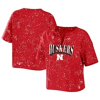 Women's WEAR by Erin Andrews Scarlet Nebraska Huskers Bleach Wash Splatter Cropped Notch Neck T-Shirt