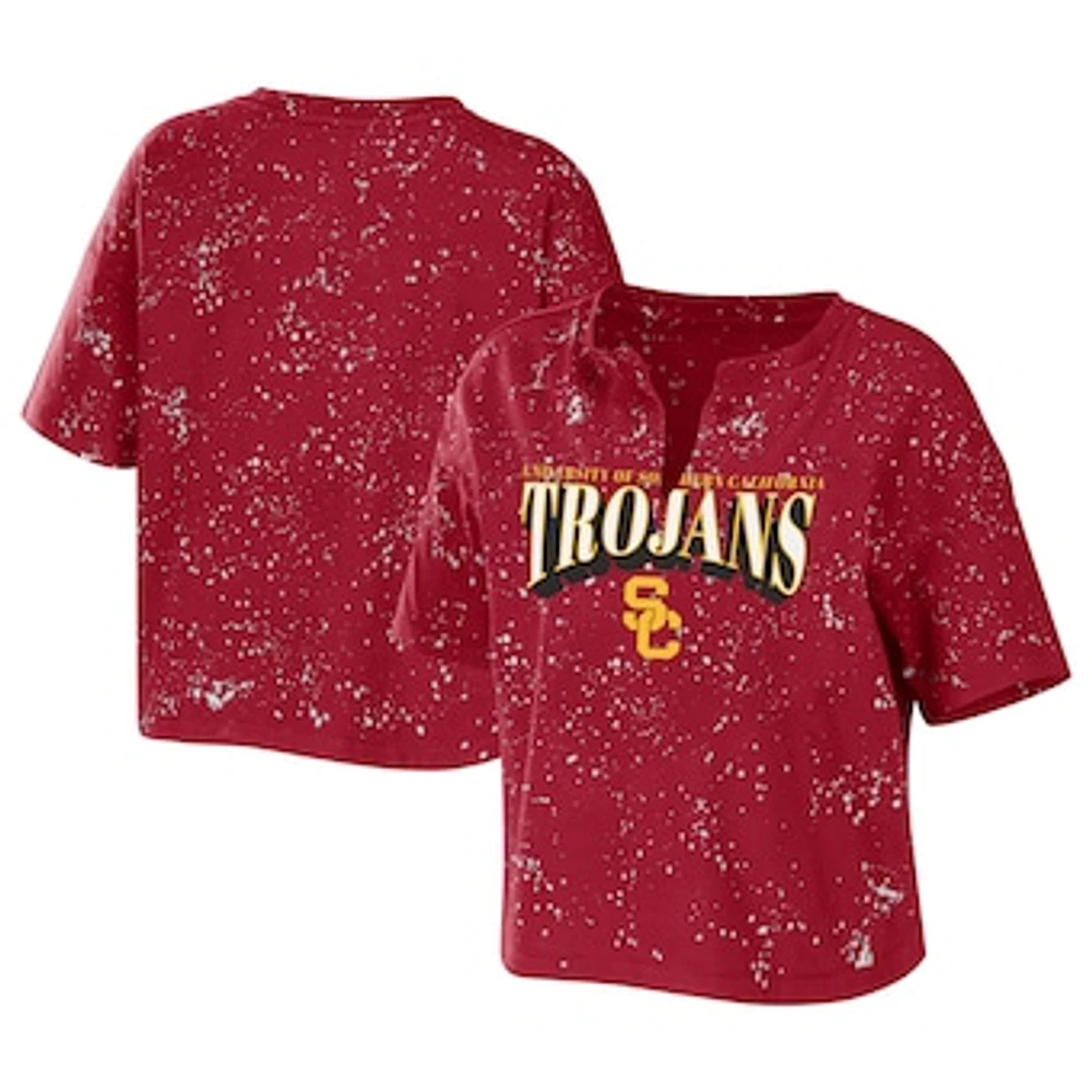 Women's WEAR by Erin Andrews Cardinal USC Trojans Bleach Wash Splatter Cropped Notch Neck T-Shirt