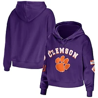 Women's WEAR by Erin Andrews Purple Clemson Tigers Mixed Media Cropped Pullover Hoodie