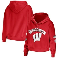 Women's WEAR by Erin Andrews Red Wisconsin Badgers Mixed Media Cropped Pullover Hoodie