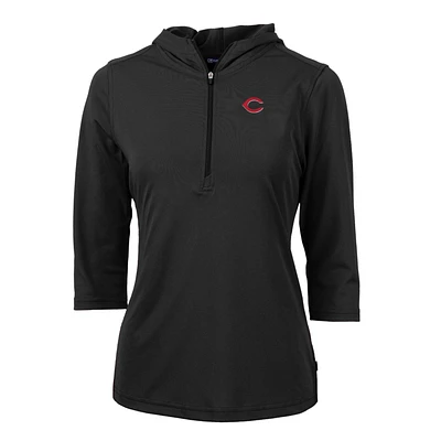 Women's Cutter & Buck Black Cincinnati Reds Virtue Eco Pique 3/4 Sleeve Half-Zip Pullover Hoodie