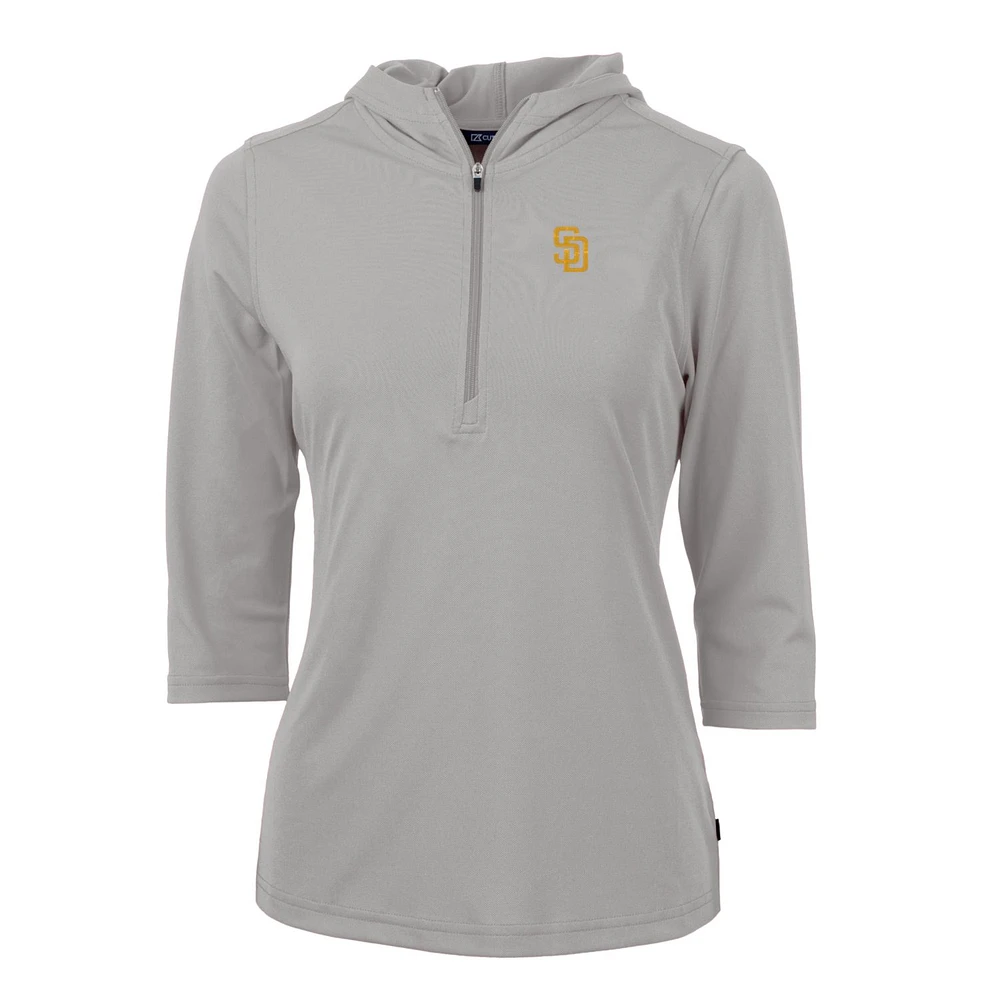 Women's Cutter & Buck Gray San Diego Padres Virtue Eco Pique 3/4 Sleeve Half-Zip Pullover Hoodie