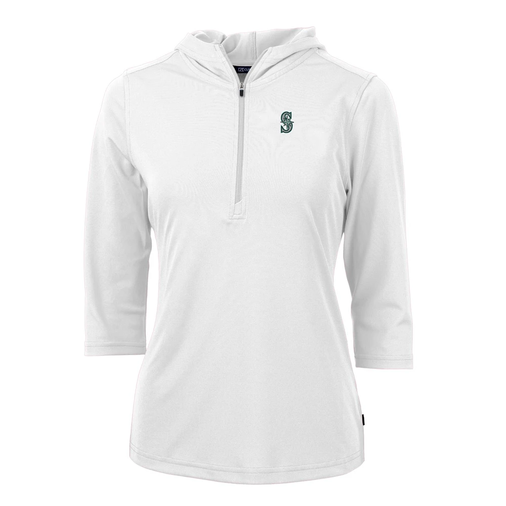 Women's Cutter & Buck White Seattle Mariners Virtue Eco Pique 3/4 Sleeve Half-Zip Pullover Hoodie