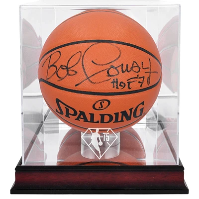 Bob Cousy Boston Celtics Autographed Spalding Indoor/Outdoor Basketball with "HOF 71" Inscription and Mahogany NBA 75th Anniversary Logo Display Case