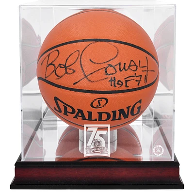 Bob Cousy Boston Celtics Autographed Spalding Indoor/Outdoor Basketball with "HOF 71" Inscription and Mahogany Celtics 75th Anniversary Logo Display Case