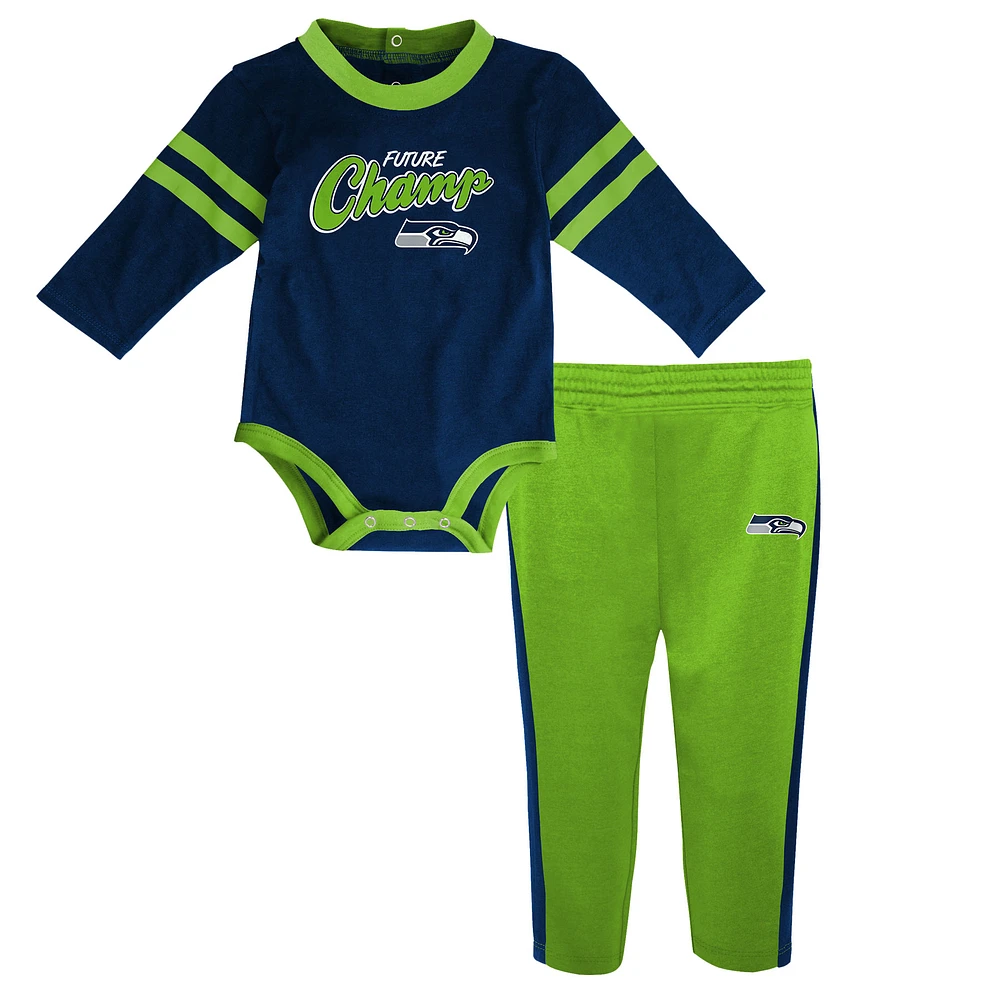 Infant College Navy/Neon Green Seattle Seahawks Little Kicker - Long Sleeve Bodysuit & Pants Set