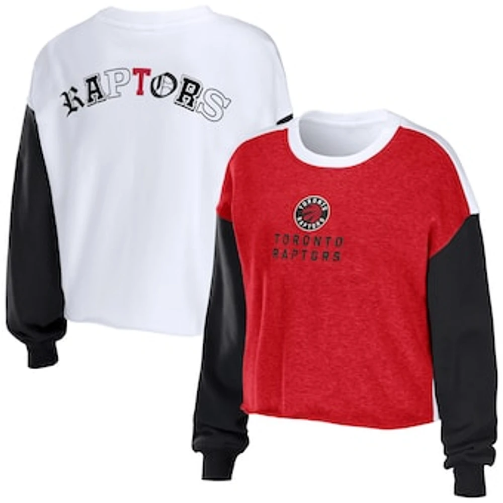 Women's WEAR by Erin Andrews Heather Red Toronto Raptors Mixed Letter Cropped Pullover Sweatshirt