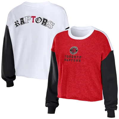 Women's WEAR by Erin Andrews Heather Red Toronto Raptors Mixed Letter Cropped Pullover Sweatshirt