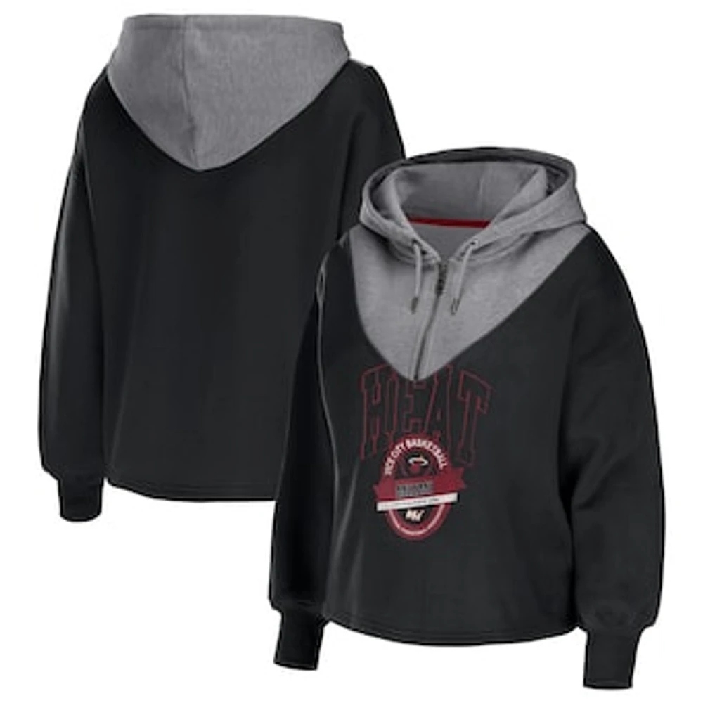 Women's WEAR by Erin Andrews Black Miami Heat Pieced Quarter-Zip Hoodie Jacket