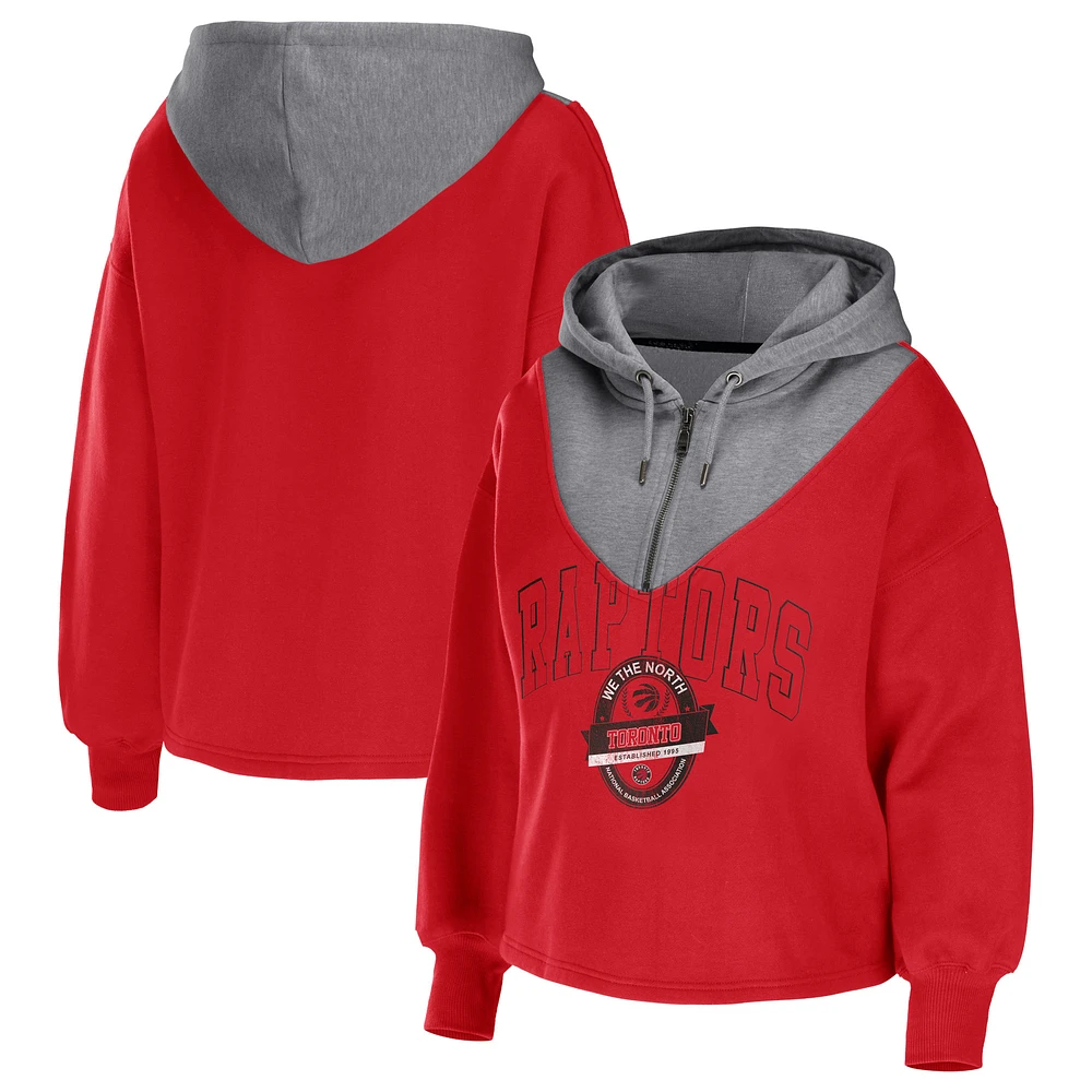 Women's WEAR by Erin Andrews Red Toronto Raptors Pieced Quarter-Zip Hoodie Jacket