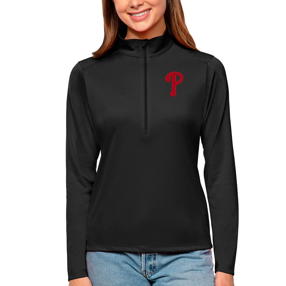 Women's Antigua Black Philadelphia Phillies Tribute Quarter-Zip Pullover Top