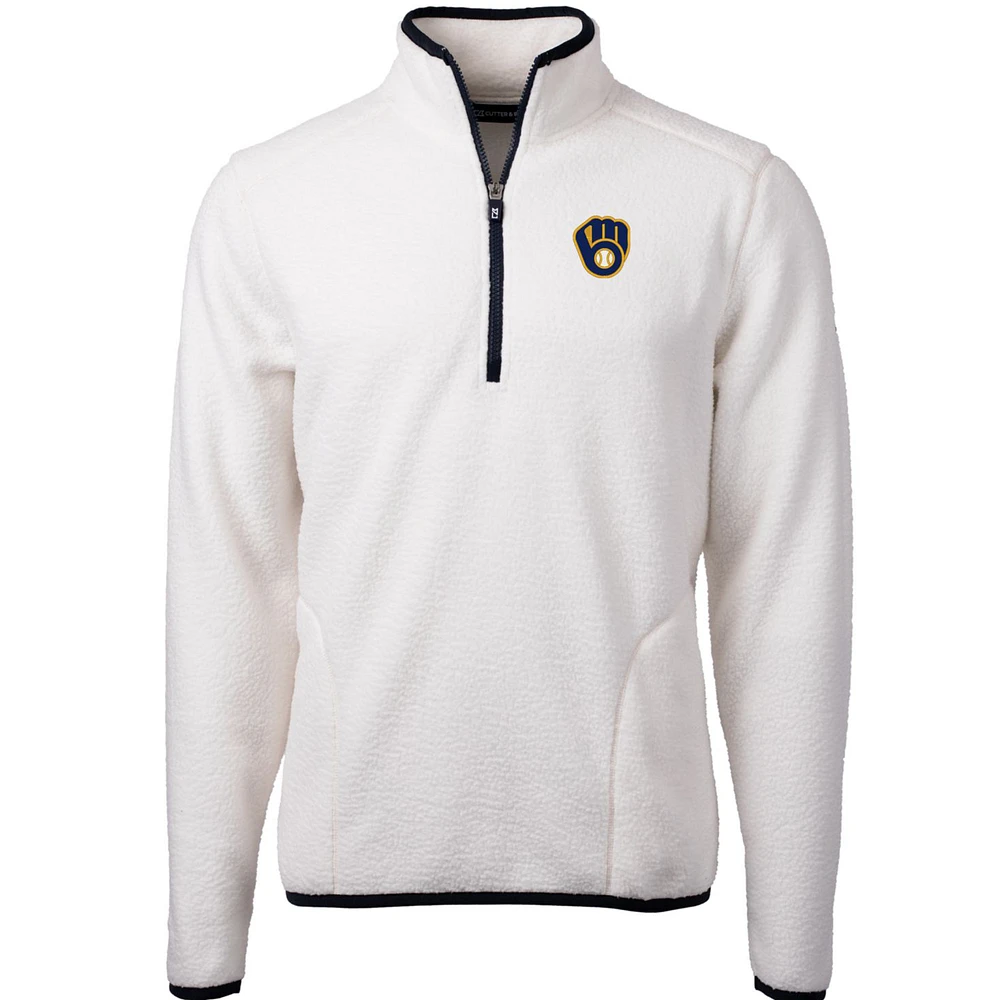Men's Cutter & Buck White/Navy Milwaukee Brewers Cascade Eco Sherpa Fleece Quarter-Zip Pullover Jacket