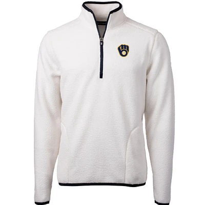 Men's Cutter & Buck White/Navy Milwaukee Brewers Cascade Eco Sherpa Fleece Quarter-Zip Pullover Jacket