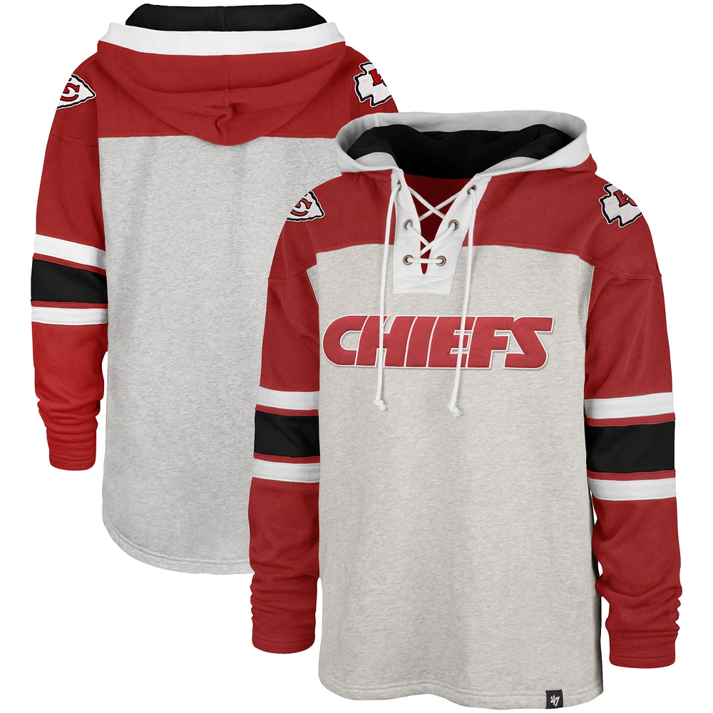 Men's '47 Heathered Gray/Red Kansas City Chiefs Gridiron Lace-Up - Pullover Hoodie