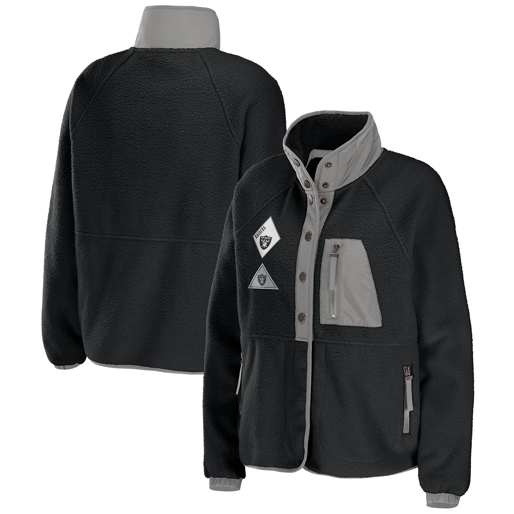 Women's WEAR by Erin Andrews Black Las Vegas Raiders Polar Fleece Raglan Full-Snap Jacket