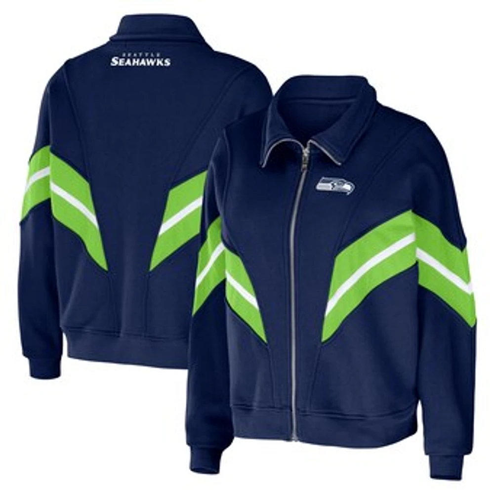 Women's WEAR by Erin Andrews College Navy Seattle Seahawks Yarn Dye Stripe Full-Zip Jacket