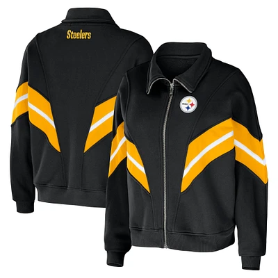 Women's WEAR by Erin Andrews Black Pittsburgh Steelers Yarn Dye Stripe Full-Zip Jacket