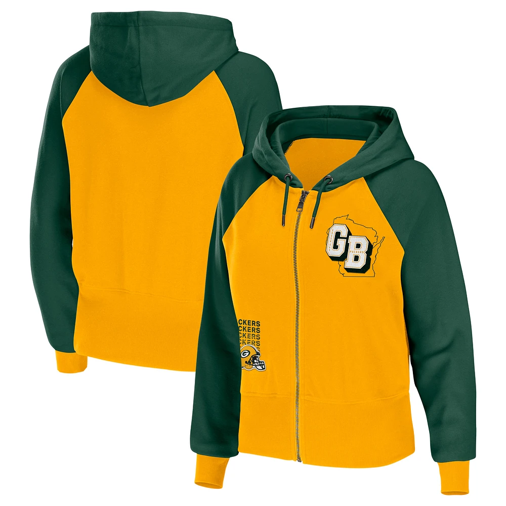 Women's WEAR by Erin Andrews Gold Green Bay Packers Colorblock Lightweight Full-Zip Hoodie