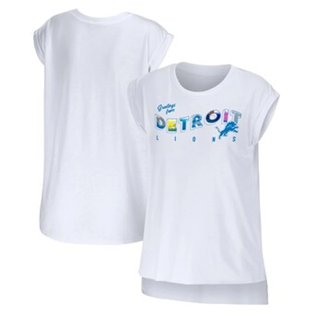 Women's WEAR by Erin Andrews White Detroit Lions Greetings From Muscle T-Shirt