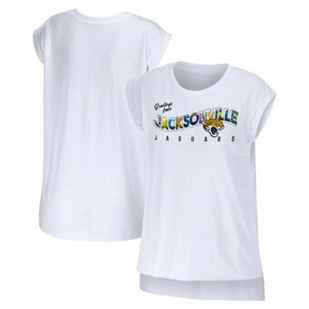 Women's WEAR by Erin Andrews White Jacksonville Jaguars Greetings From Muscle T-Shirt