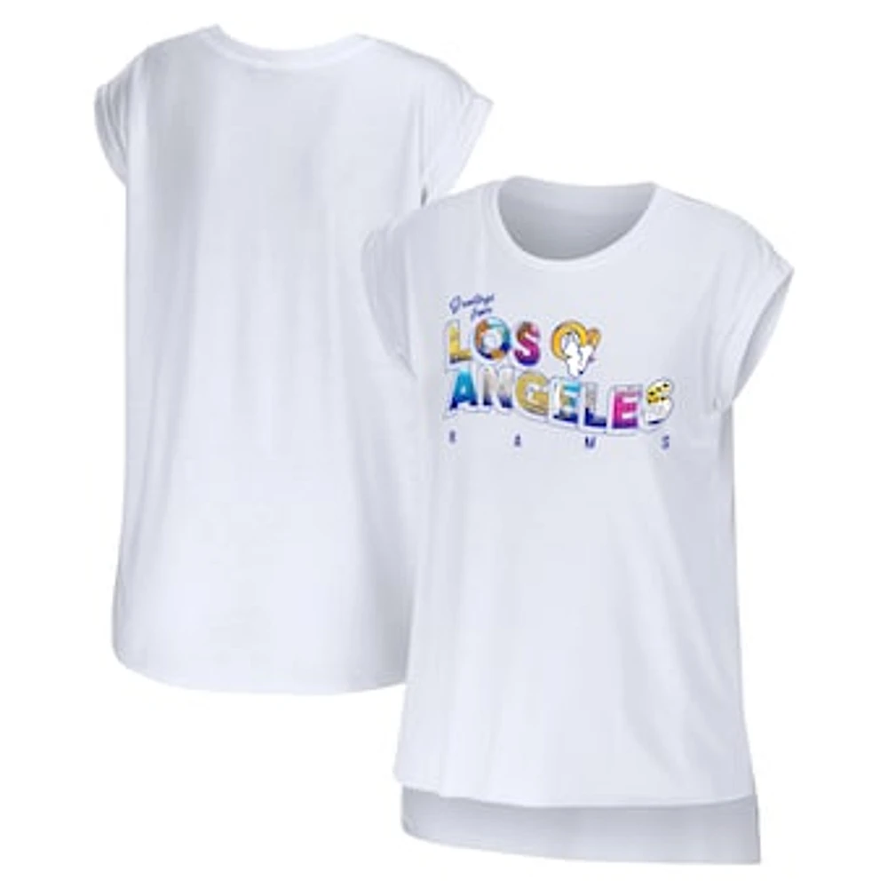 Women's WEAR by Erin Andrews White Los Angeles Rams Greetings From Muscle T-Shirt