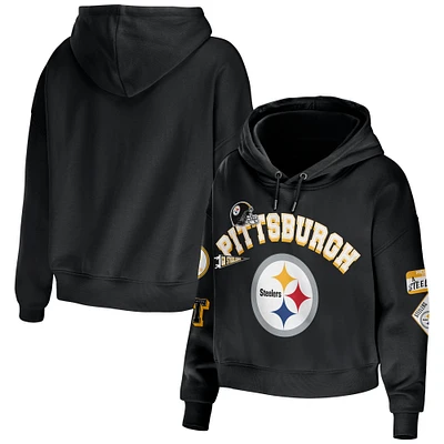 Women's WEAR by Erin Andrews Black Pittsburgh Steelers Plus Modest Cropped Pullover Hoodie