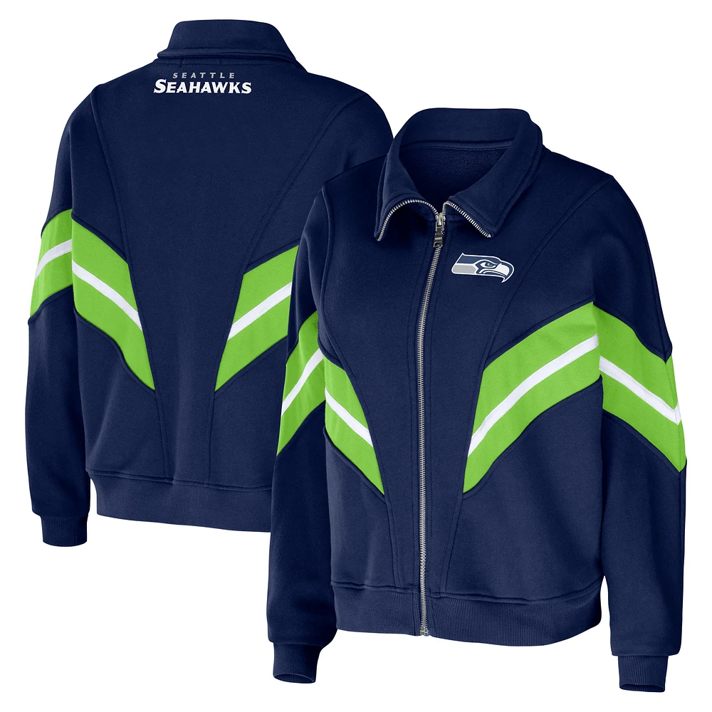 Women's WEAR by Erin Andrews College Navy Seattle Seahawks Plus Size Yarn Dye Stripe Full-Zip Jacket