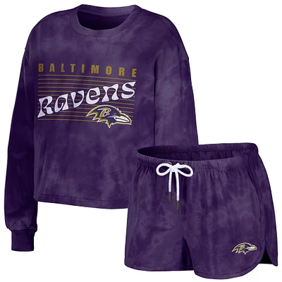 Women's WEAR by Erin Andrews Purple Baltimore Ravens Tie-Dye Cropped Pullover Sweatshirt & Shorts Lounge Set