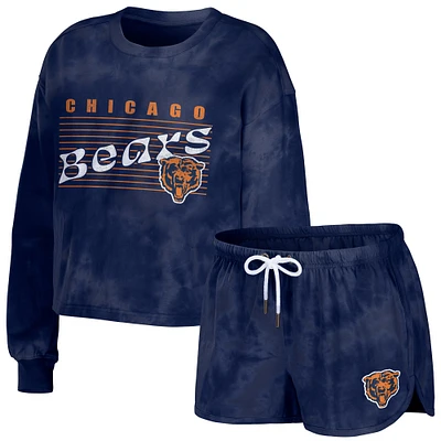 Women's WEAR by Erin Andrews Navy Chicago Bears Tie-Dye Cropped Pullover Sweatshirt & Shorts Lounge Set