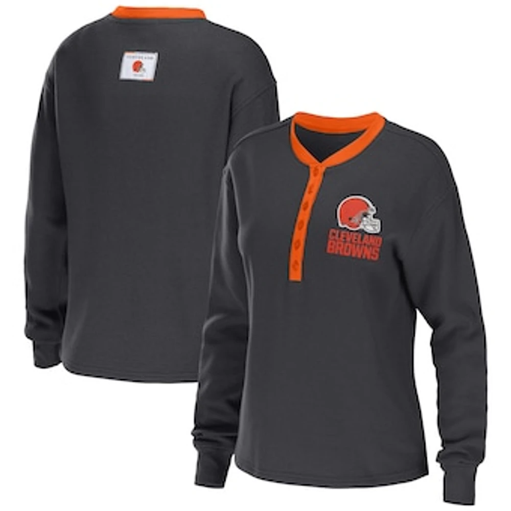 Women's WEAR by Erin Andrews Charcoal Cleveland Browns Waffle Henley Long Sleeve T-Shirt