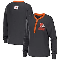 Women's WEAR by Erin Andrews Charcoal Cleveland Browns Waffle Henley Long Sleeve T-Shirt