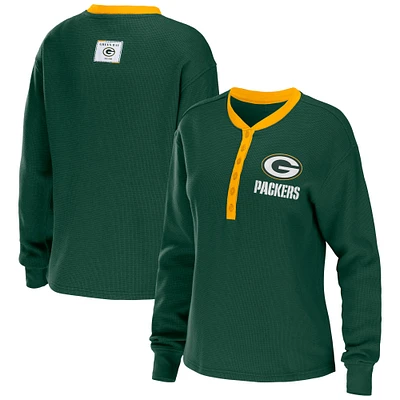 Women's WEAR by Erin Andrews Green Green Bay Packers Waffle Henley Long Sleeve T-Shirt