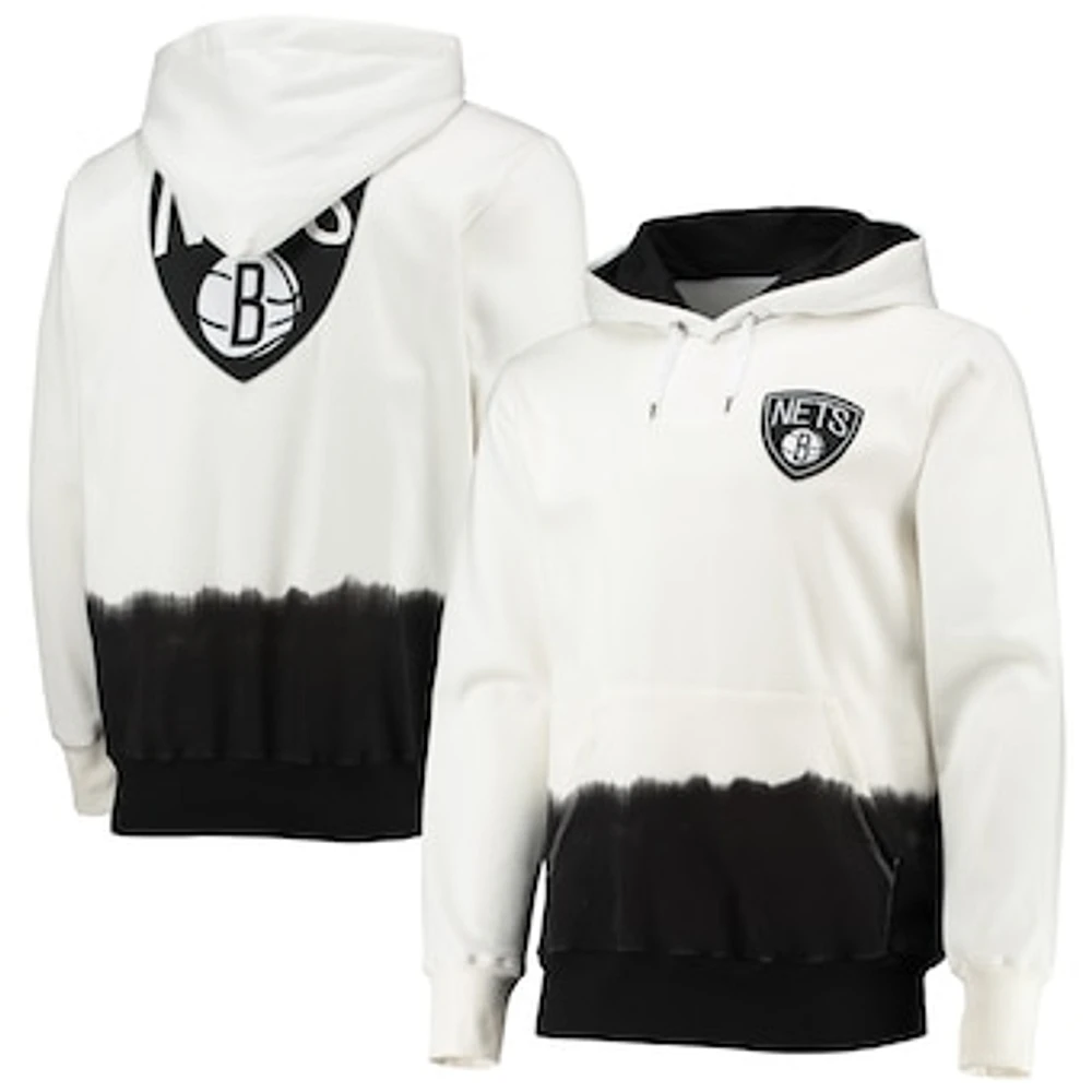 Men's FISLL Oatmeal Brooklyn Nets Double Dribble Dip-Dye Pullover Hoodie